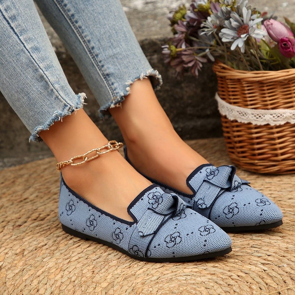 Pointed Bow Top Knit Contrasting Print Ballet Flat Casual Loafer Slip-on Shoes